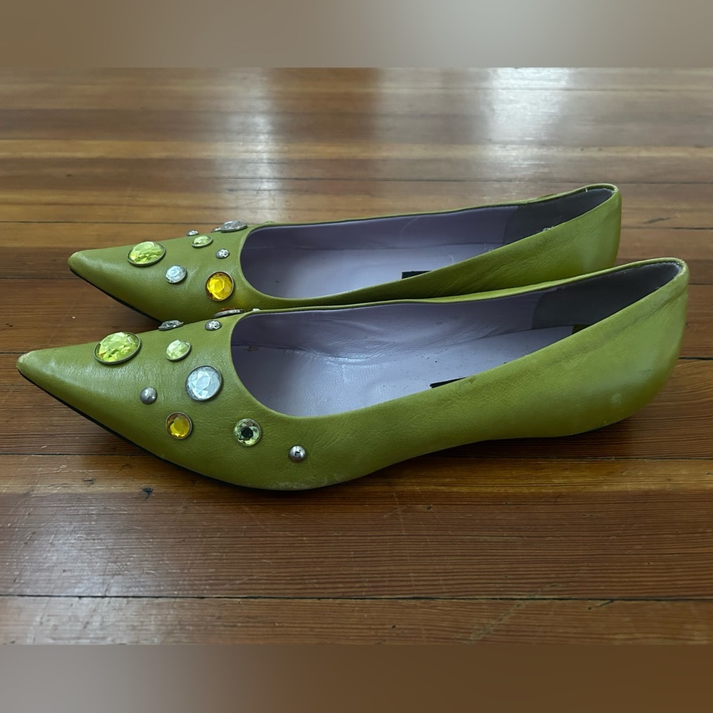 Vintage Marc Jacobs Green Bejeweled Pointy Toed Flats 9.5